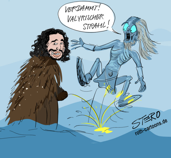 Cartoon-Karikatur-Comic---Jon Schnee aus Game of Thrones pinkelt auf einen Weißen Wanderer der erschrocken aufschreit;" Verdammt! Valyrischer Strahl!"
