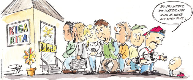 Cartoon-Karikatur-Comic---Eltern und Kinder stehen vor einer belegten Kita an.