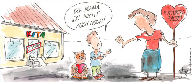 Cartoon-Karikatur-Comic---Ein Junge ist nicht erfreut das nicht nur der Kita streikt, sondern auch seine Mutter am Muttertag.