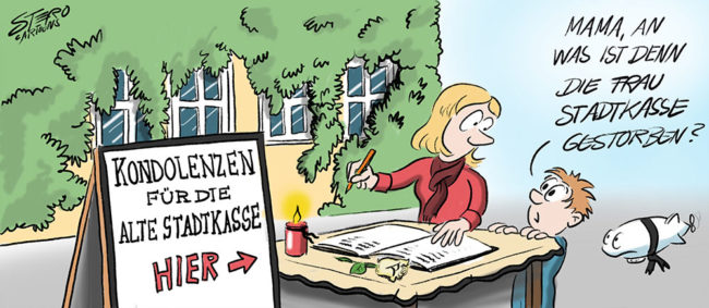 cartoon-karikatur frau schreibt in ein kondolenzbuch zum abriss der alten stadtkasse friedrichshafen. Ihr Sohn fragt neugierig woran denn die Frau Stadtkasse gestorben sei.