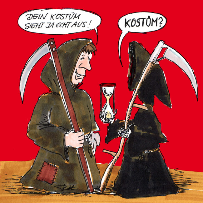 Cartoon-Karikatur-Comic---Ein als Tod verkleideter Mann trifft auf den echten Tod und findet dessen Kostüm super.