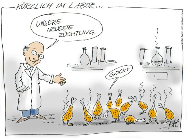 Cartoon-Karikatur-Comic---Ein Chemiker präsentiert seine neuste Zucht: Gebratene lebendige Hühnerschenkel.