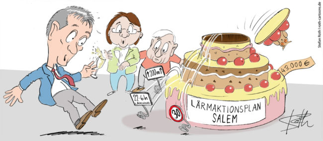Cartoon-Karikatur-Comic---Aus einer Torte mit der Aufschrift "Lärmaktionsplan Salem" platzen Geschwindigkeitsbegrenzungsschilder gegen den Lärm von Autos.
