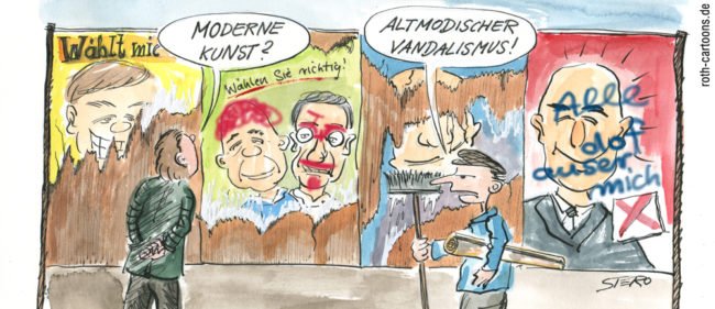 Cartoon-Karikatur-Comic--Ein Mann bewundert besudelte Wahlplakate und hält es für Moderne Kunst. Ein anderer weißt ihn auf Vandalismus hin.