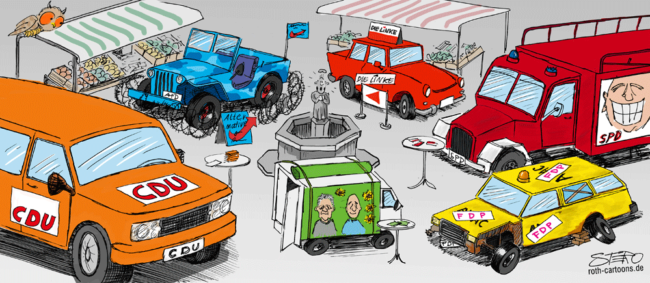 Cartoon-Karikatur-Comic---5 Dicke Autos der großen Parteien haben sich demonstrierend um das kleine E Auto der grünen Versammelt und produzieren dabei mächtig Abgase.