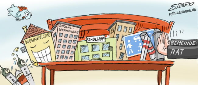 Cartoon-Karikatur-Comic---Zwei Hände mit der Aufschrift "Gemeinderat" schieben Wohnkultur, Sozialwohnungen, Schulhof, und weitere Baustellen von einer Bank.