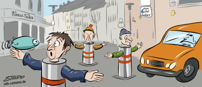 Cartoon-Karikatur-Comic---Menschen in Poller Kostümen stehen in der Fußgängerzone und ein Autofahrer dort guckt genau so verdutzut wie Sie selber.