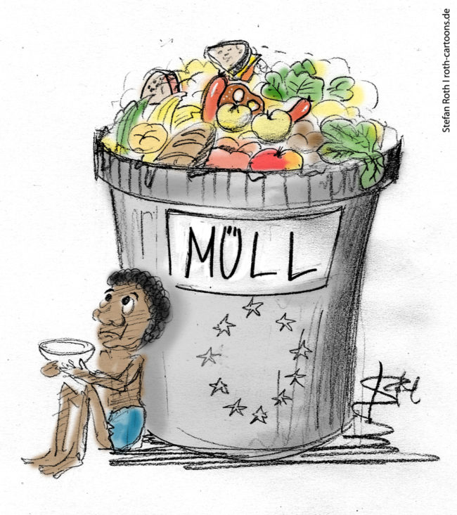 Cartoon-Karikatur-Comic---An einem riesigen Mülleimer voller gutem essen und der Aufschrift "Müll EU" lehnt ein kleiner Junge der um Essen bettelt.
