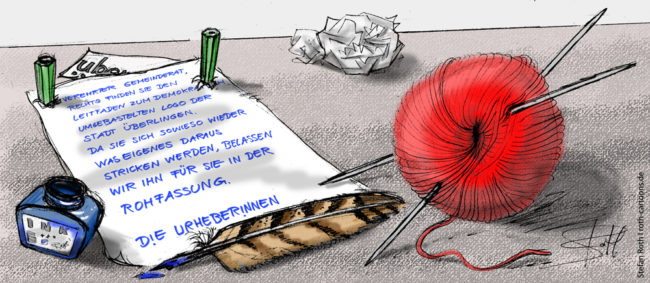 Cartoon-Karikatur-Comic---Ein Brief für den Gemeinderat überbringt ein unfertiges Logo als Wollknäul, da dieser sich daraus sowieso wieder etwas eigenes draus stricken.