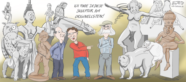 Cartoon-Karikatur-Comic---Peter Lenk steht in mitten einer Austellung seiner Skulpturen und wird nebenbei von einem Besucher selbst als originellste Skulptur gekrönt.