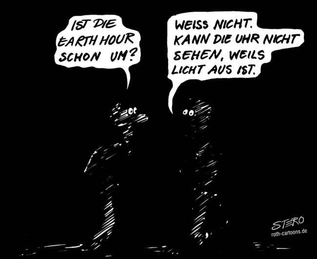 Cartoon-Karikatur-Comic---Zwei Männer unterhalten sich in vollkommener Finsternis. Der eine frägt ob die Earth Hour schon um sei. Darauf sagt der andere er wüsste es nicht da er seine Uhr nicht sehen kann.