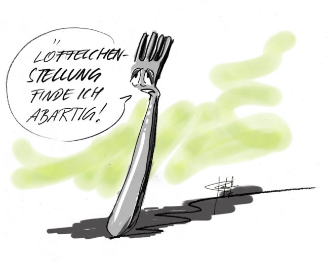 Cartoon-Karikatur-Comic---Eine Gabel äußert sich gegen die Löffelchenstellung.