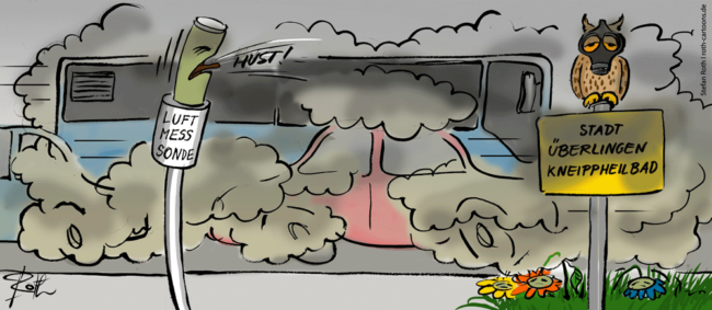 Cartoon-Karikatur-Comic---Überlingen ist voller Qualm der Autos und die Luftmessungsstation hustet nur so vor sich hin.