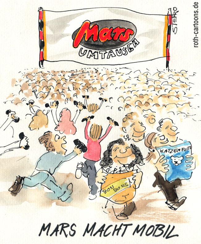 Cartoon-Karikatur-Comic---Eine Masse an Menschen stürmt zur MARS-Rückrufaktion wegen Plastikteilen. Bereits Bediente Kunden verlassen den Platz mit Katzenfutter und Bonbons. Darunter steht "Mars macht mobil"