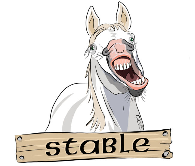 Cartoon-Karikatur-Comic---Ein weißes Pferd mit verzogenem Gesicht für den Irish Pub Stable.