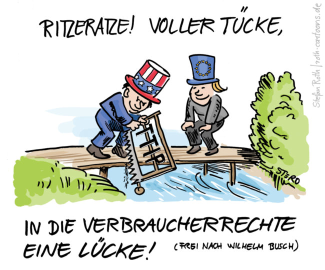 Cartoon-Karikatur-Comic---Max und Moritz im USA und Europa Anzug sägen mit einer Säge mit der Aufschrift "TTIP" an der Brücke auf der sie stehen. Darunter steht "Ritzeratze! Voller Tücke, in die Verbraucherrechte eine Lücke!"