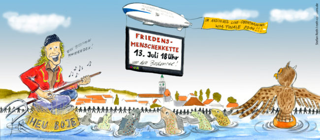 Cartoon-Karikatur-Comic---Nicht nur die Menschen machen bei der Menschenkette für Weltfrieden mit, sondern auch die Fische im Bodensee.