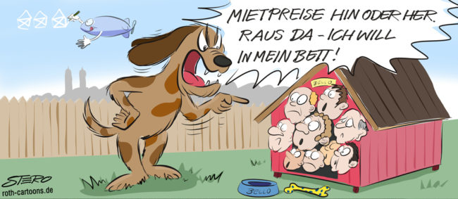 Cartoon-Karikatur-Comic---Ein Hund befiehlt einigen Hausbesetztern trotz Mietpreise sofort aus seiner Hundehütte zu verschwinden. Diese schauen erschrocken zu acht aus diesem roten Neubau.