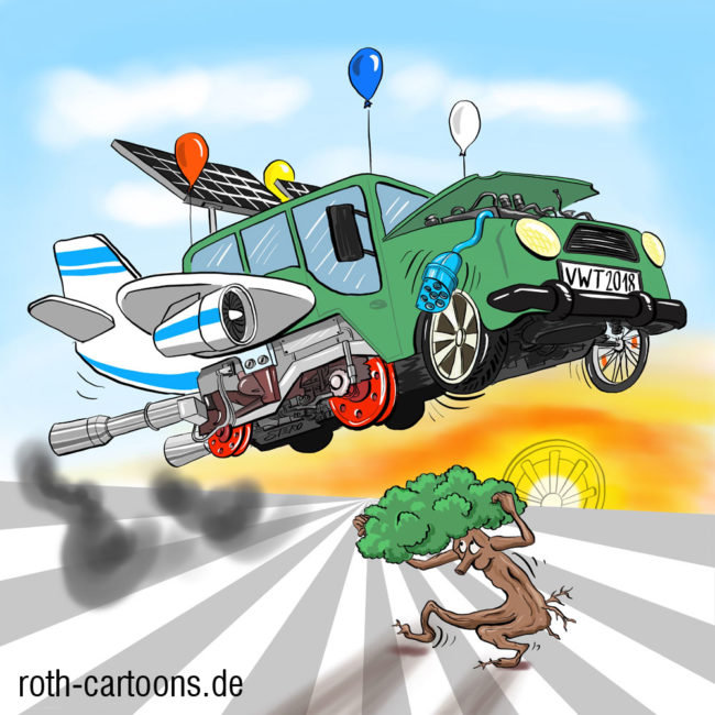 Cartoon-Comic-Karikatur---Ein fliegendes Auto mit Ballons, Solaranlagen, Nitro-Auspuff, Fahrradreifen und einem Eisenbahngestell schwingt sich in die Lüfte. darunter kann sich ein Baum gerade noch ducken. Illustration für die Technische Universität Dresden/Fakultät Verkehrtswissenschaften.