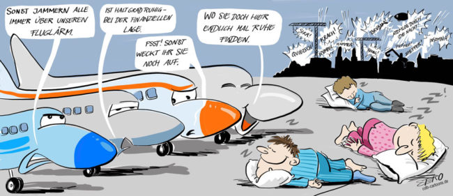 Cartoon-Karikatur-Comic---Bewohner von Friedrichshafen schlafen auf dem Flughafen, da es dort ruhiger ist als in der Stadt. Die sich unterhaltenden Flugzeuge versuchen Sie nicht aufzuwecken.