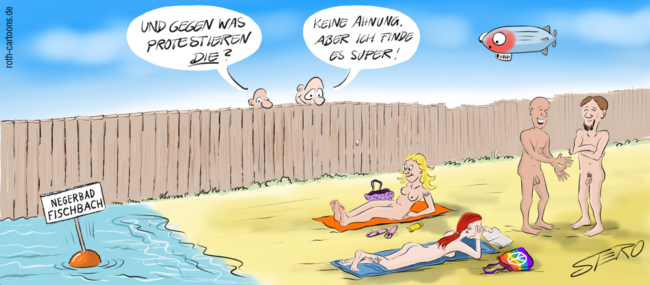 Cartoon-Karikatur-Comic---Am Seeufer des "Negerbad Fischbach" demonstrieren einige Badegäste Nackt. Dabei werden Sie von zwei Spannern beobachtet die nicht wissen für was protestiert wird aber denen es dennoch gefällt.