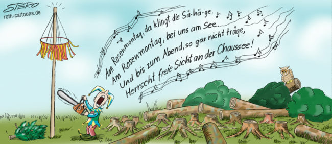 Cartoon-Karikatur-Comic---Ein Mann im Narrenkostüm fällt singend mit einer Kettensäge mehrere Bäume und nähert sich dem Narrenbaum.
