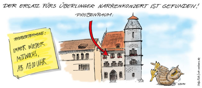 Cartoon-Comic-Karikatur---Die Welt die ist ein Irrenhaus, drum tagen Narren gern im Rathaus. Das narrenkonzert wurde nun in den Proberaum verlegt.