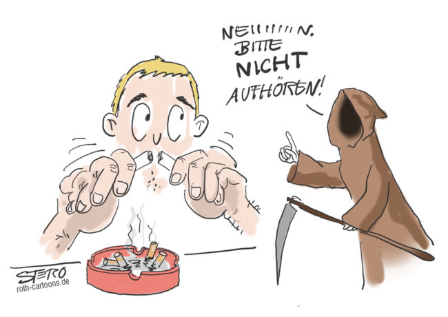 Cartoon-Karikatur-Comic---Ein Raucher zerbricht seine letzte Zigarette über seinem Aschenbecher doch der Tod bittet ihn noch, nicht mit dem Rauchen aufzuhören.