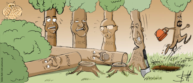 Cartoon-Karikatur-Comic---Ortsvorsteher aus Überlingen die als gefällte Bäume dargestellt werden stehen im Wald.