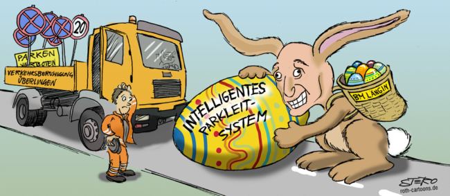 Cartoon-Karikatur-Comic---Ein Osterhase mit einem großen ei mit der Aufschrift "Intelligentes Parkleitsystem" blockiert einen LKW mit Parkschildern.