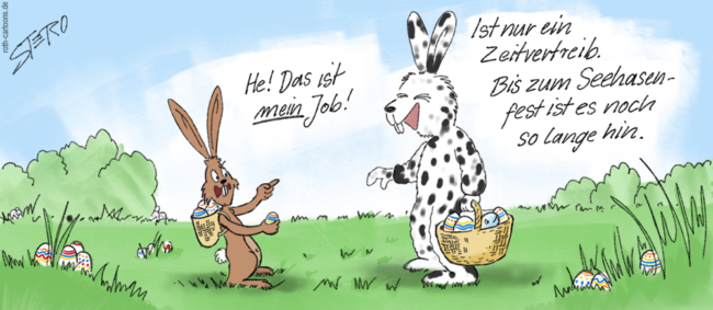 Cartoon-Karikatur-Comic---Der Osterhase mault den Seehasen an, da er auch Eier versteckt und das ja schließlich sein Job ist. Er meint nur das er das zum Zeitvertreib macht, da seine Festtage noch so lange hin ist.