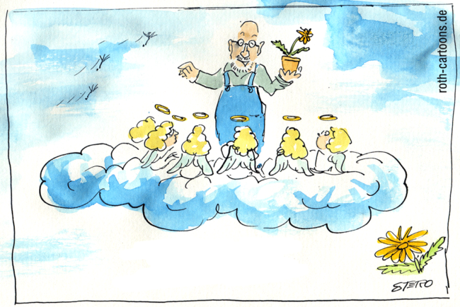 Cartoon-Karikatur-Comic---Peter Lustig steht auf einer Wolke und erzählt den Engeln eine seiner interessanten Geschichten.