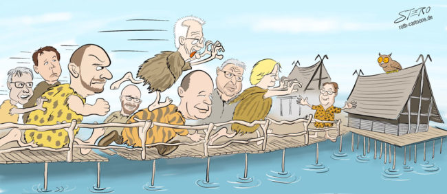 Cartoon-Karikatur-Comic---Eine Reihe von Politikern stürmt auf in Leoparden Fellen gekleidet zu den Pfahlbauten in Friedrichshafen.