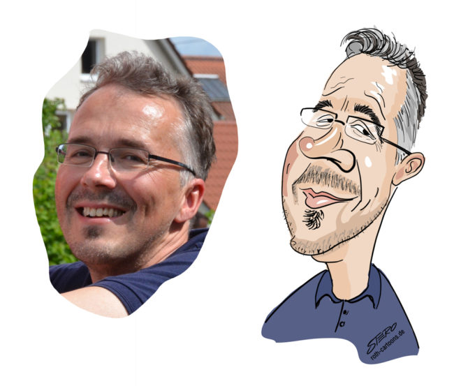 Cartoon-Karikatur-Comic---Neben dem Bild eines Mannes ist seine genaue Portraitkarikatur.