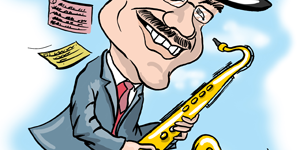 Cartoon-Karikatur-Comic---Ein Vorstandsmitglied mit seinem Saxophon.