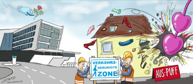 Cartoon-Karikatur-Comic---Der Puff in FN wird mit rießigen Liebeskugeln abgerissen. Dabei fallen aus ihm jede Menge Sextoys und zwei Bauarbeiter stellen ein Schild mit der Inschrift "Verkehrsberuhigte Zone" auf.