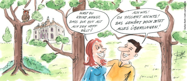 Cartoon-Karikatur-Comic---Eine Frau fragt einen Mann ob er sich in dem park nun vor den Ästen sicher fühlt. Er sagt ja, da dieser jetzt ja Überlingen gehört.