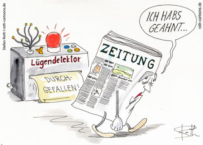 Cartoon-Karikatur-Comic---Eine Niedergeschlagene Zeitung läuft langsam mit den Worten "Ich habs geahnt" von einem Lügendetektor weg, der rot aufleuchtet und ein Dokument mit der Aufschrift "DURCHGEFALLEN" druckt.