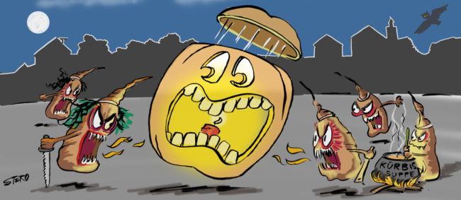 Cartoon-Karikatur-Comic---Ein Halloween Kürbis mit ängstlichem Gesicht ist von wütenden Zuckerrüben mit Waffen umzingelt.