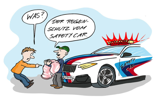 Ein Safety Car präsentiert seinen neuen Regenschutz. Ein übergroßes Kondom...