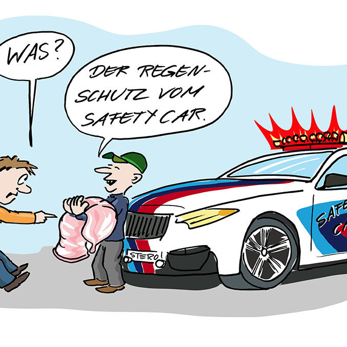 Ein Safety Car präsentiert seinen neuen Regenschutz. Ein übergroßes Kondom...
