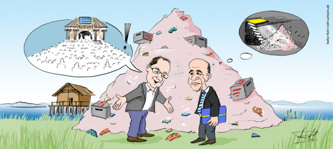 Cartoon-Karikatur-Comic---Zwei Männer stehen vor einem rießigen Scherbenhaufen. Der eine redet über den Ansturm von Museumsbesuchern, während der andere an die Scherben in einem Keller denkt.