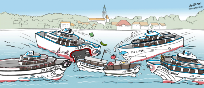 Cartoon-Karikatur-Comic---4 große Schiffe aus Lindau, Überlingen, Reichenau und Schwaben schauen gierig auf zwei kleine Schiffe in deren Mitte.