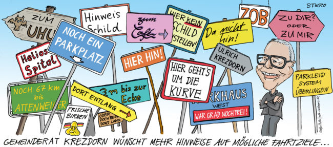 Cartoon-Karikatur-Comic---Lauter Verkehrschilder mit wiedersprüchlichen und verwirrenden Anweisungen stehen dicht neben und übereinander.