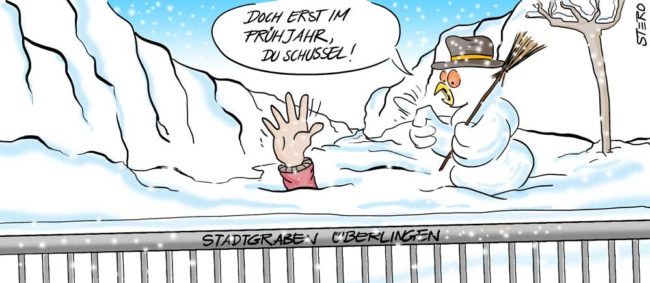 Cartoon-Karikatur-Comic---Eine Hand ragt im Stadtgraben Überlingen aus dem dicken Schnee und ein Schneemann sagt:" Doch erst im Frühjahr du Schussel!"