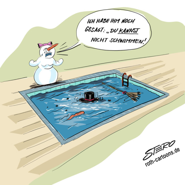 Cartoon-Karikatur-Comic---Eine Schneemannmutter steht vor einem Pool mit einem Zylinder, einer Karotte und einem Besen darin. Sie sagt jämmerlich:"Ich habe ihm doch gesagt: du kannst nicht schwimmen!"