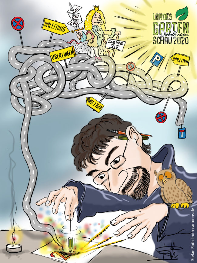 Cartoon-Karikatur-Comic---Stefan Roth zaubert mit einem Stift auf sein Blatt woraus über ihm ein langer Straßenknoten mit Umleitungen und der LGS erscheint.