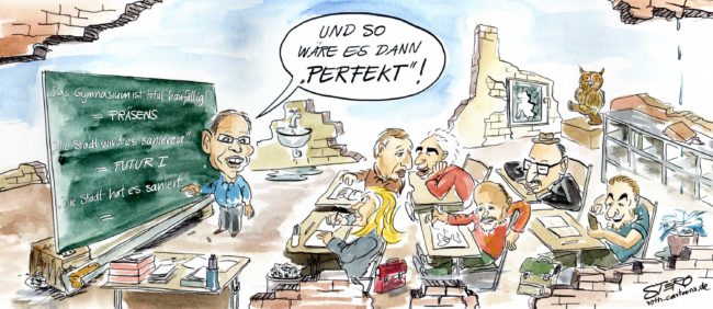 Cartoon-Karikatur-Comic---In einer baufälligen Schule bekommt der Gemeinderat eine Gramatiknachhilfe.