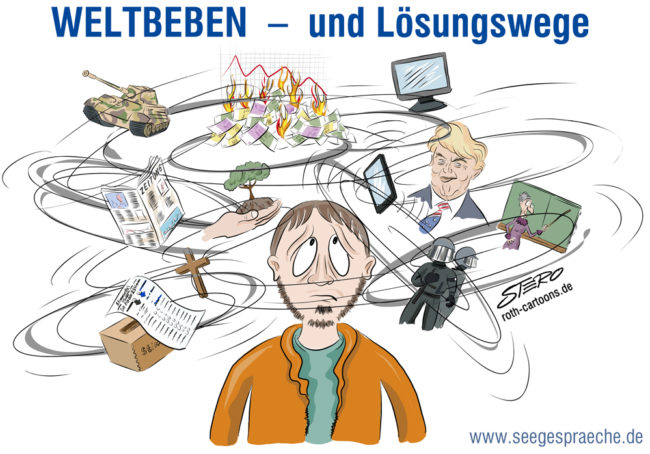 Cartoon-Karikatur-Comic---ein Mann schaut besorgt auf all seine Gedanken die über ihm schwirren. Darunter sind Donald Trump, Ein Panzer, Ein Kreuz, Ein Handy, eine alte Lehrerin, und eine Baum.