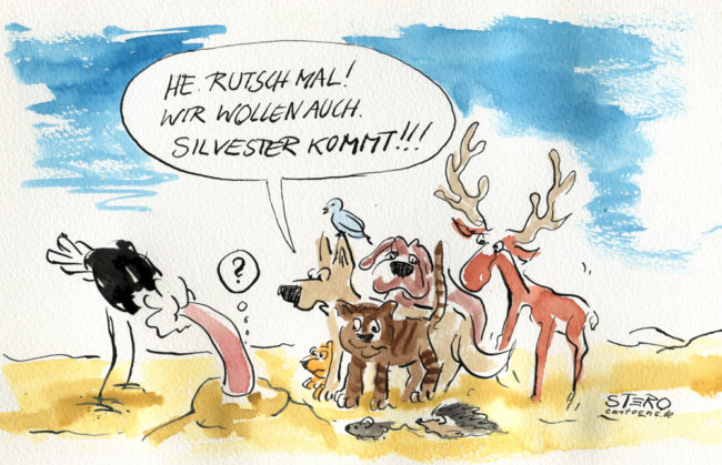 Cartoon-Karikatur-Comic---Ein Paar Tiere wollen ebenfalls in das Straußenloch da doch bald Silvester ansteht.